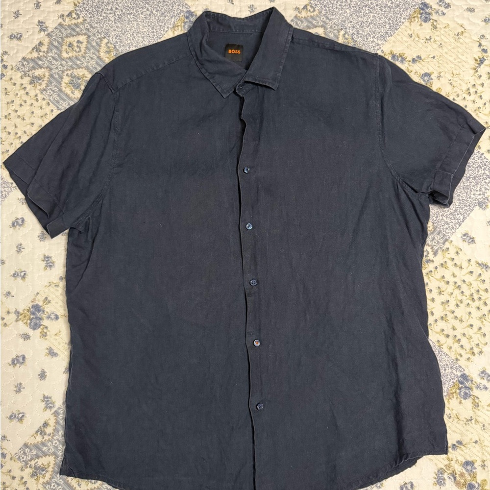 BOSS navy linen short sleeve shirt